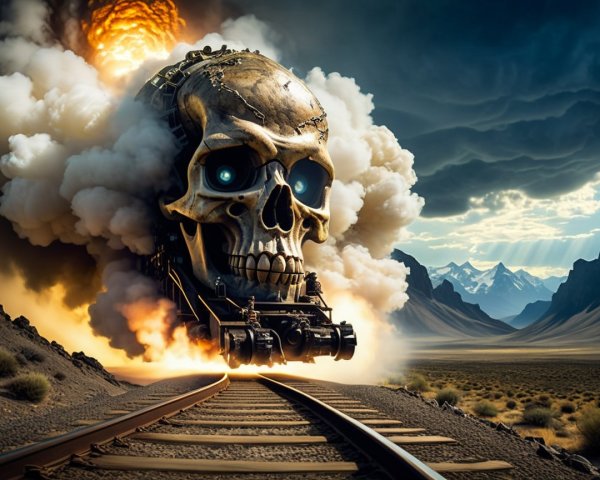 Colossal Skull-Shaped Locomotive in Dramatic Landscape
