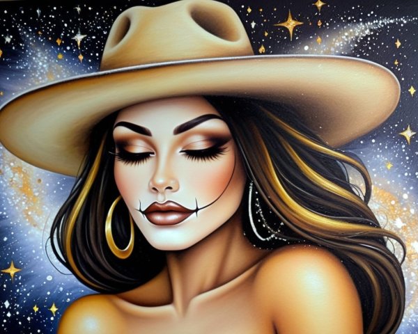 Portrait of a woman with cosmic backdrop and hat