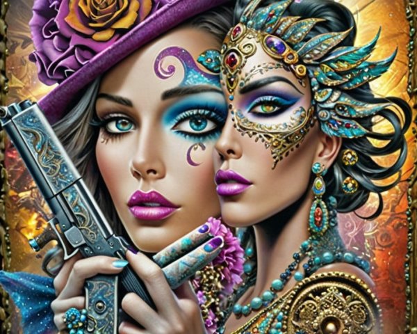 Two Beautiful Women with Decorative Gun and Masks