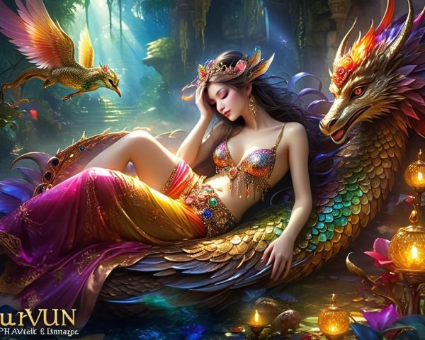 Mystical Scene of Woman with Serpent and Flora