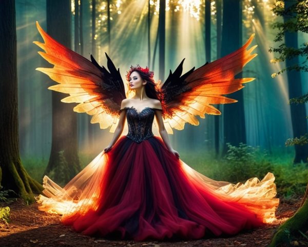 Whimsical Forest Scene with Woman in Red Gown and Wings