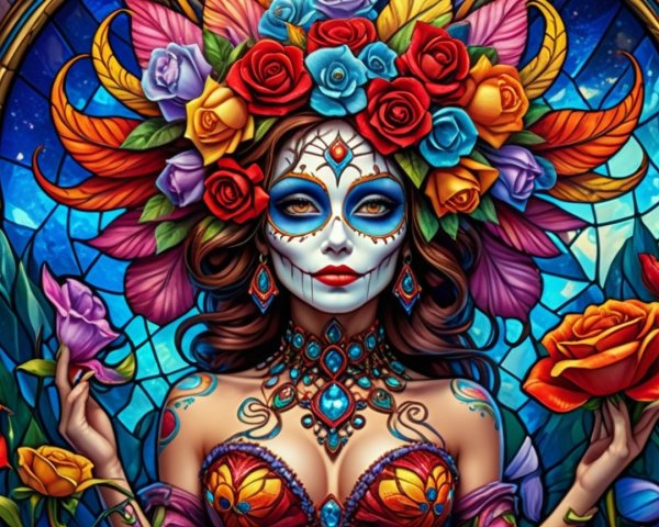 Colorful Artwork of Woman with Floral Crown and Skulls