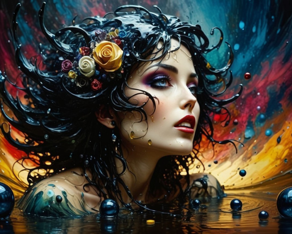 Woman with Dark Hair and Colorful Flower Adornments