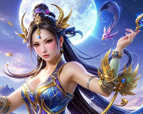 Fantasy Character in Shimmering Attire with Moonlight