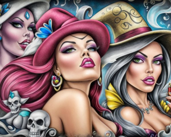 Glamorous Women with Elaborate Hats and Bold Makeup
