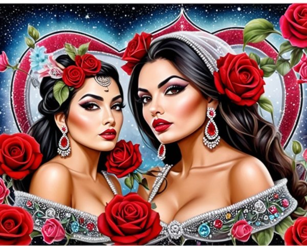 Elegant women with jewelry among red roses and stars