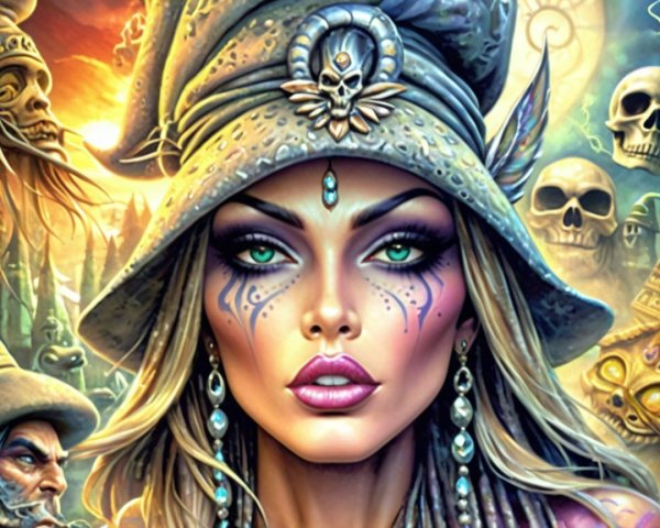 Striking Woman with Elaborate Makeup and Skull Hat