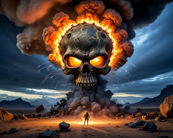Dramatic landscape with fiery skull and dark sky