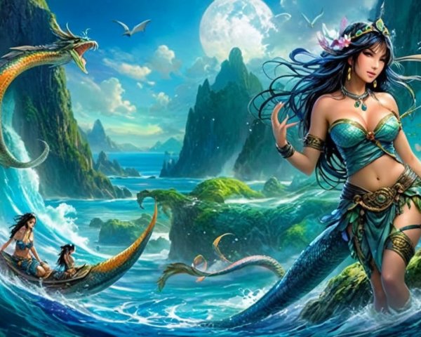 Mermaid in Vibrant Waters with Moonlit Background