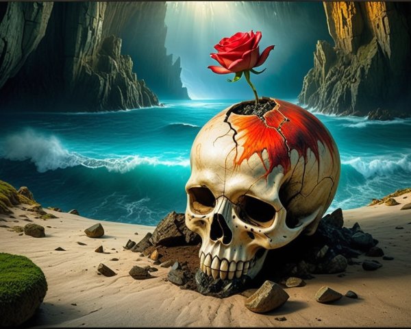 Skull with Rose on Beach Against Ocean Background