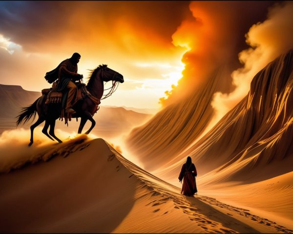 Silhouette of Rider on Horse in Desert at Sunset