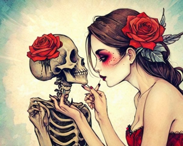Whimsical Scene of Woman and Skeleton with Roses
