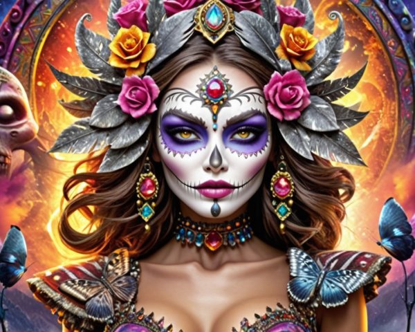 Día de los Muertos Figure with Colorful Attire and Symbols