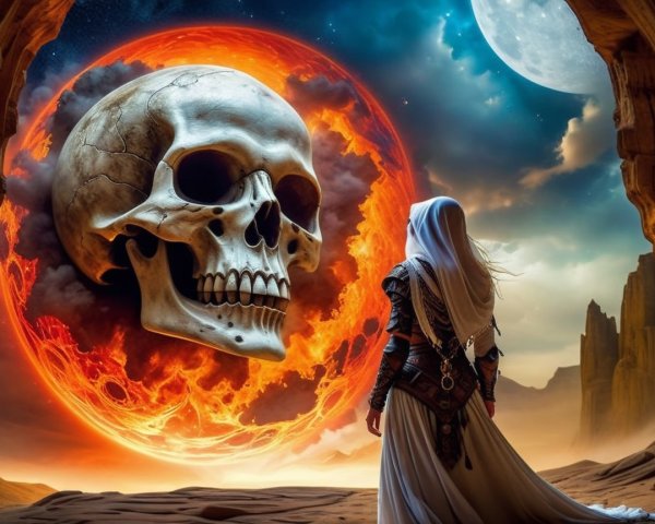 Surreal Landscape with Cloaked Figure and Glowing Skull