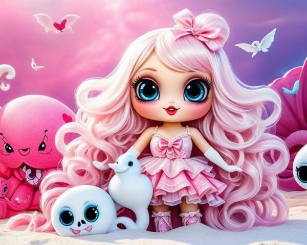 Whimsical Doll Scene on a Sandy Beach with Sea Creatures