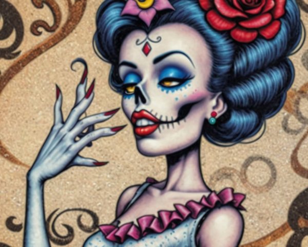 Illustration of a female figure with sugar skull aesthetic