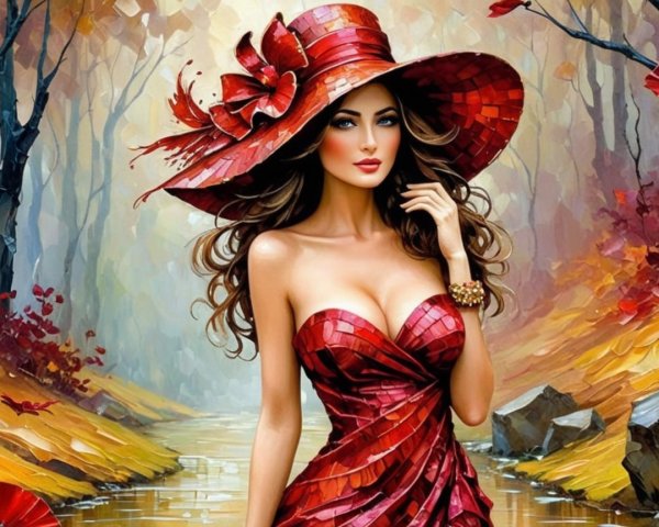 Glamorous Woman in Red Dress Against Autumn Landscape