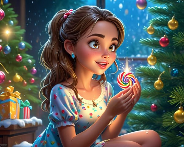 Young girl in blue dress by decorated Christmas tree