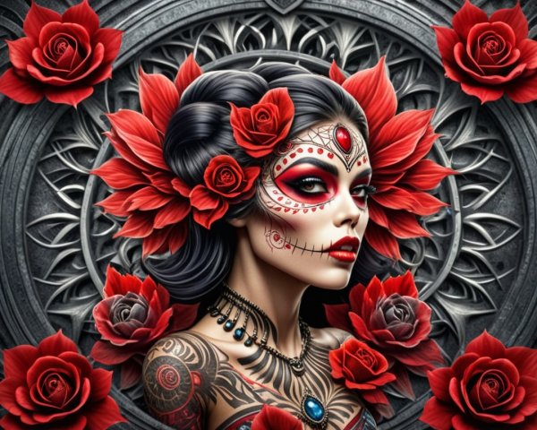 Striking Woman with Floral Face Paint and Mandala Background