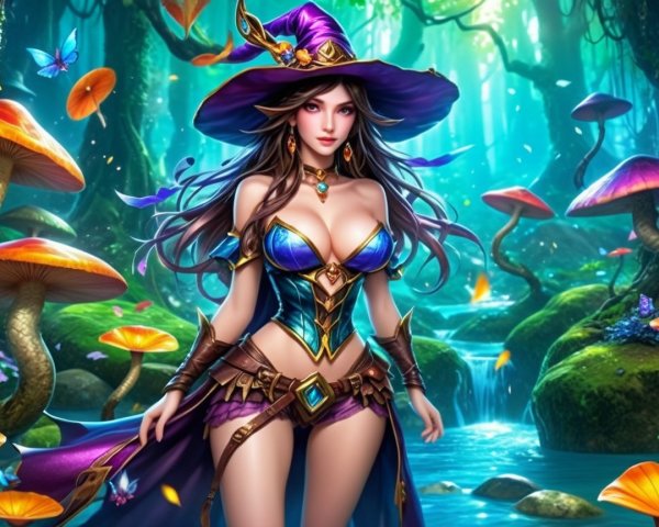 Mystical forest with a glamorous sorceress and mushrooms
