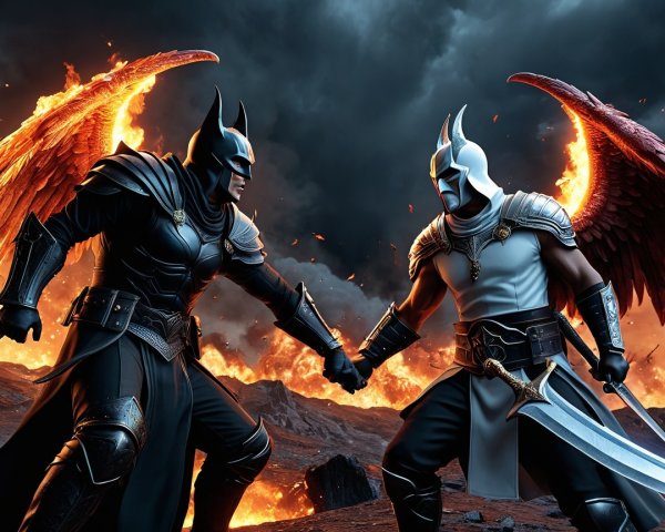 Epic Battle Between Winged Warrior and Celestial Knight