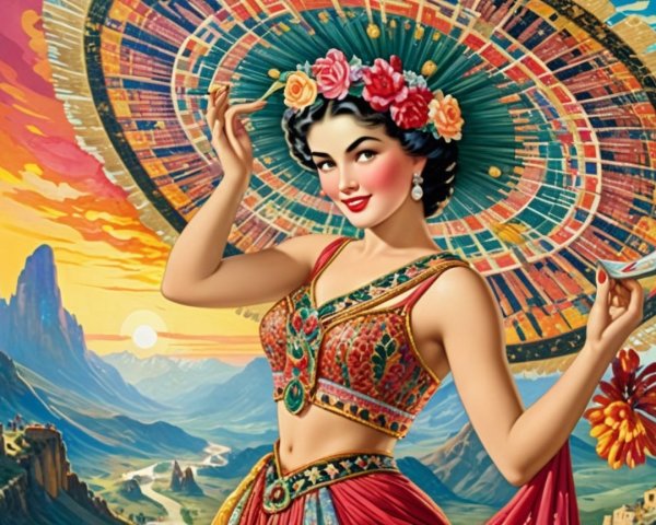 Colorful Woman in Intricate Outfit with Sombrero