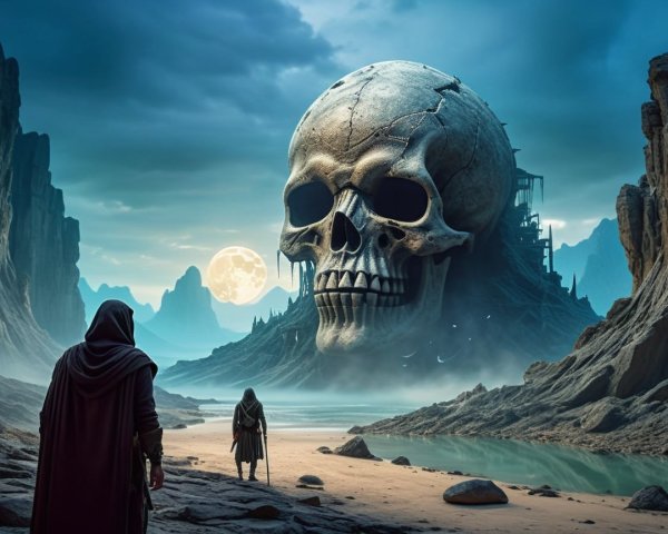 Cloaked Figures by Colossal Skull in Surreal Landscape