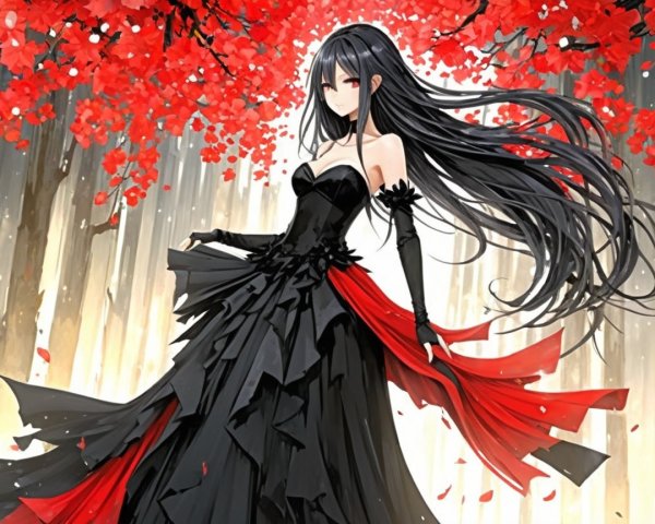 Elegant Figure in Black Gown Amidst Red Foliage