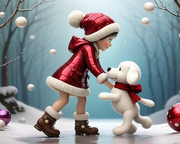 3D Render of Girl with Dog in Snowy Winter Scene