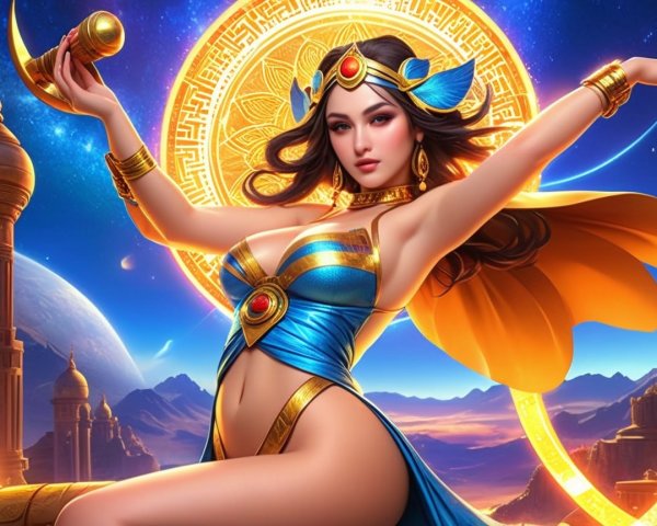 Vibrant Figure in Cosmic Setting with Mythical Elements