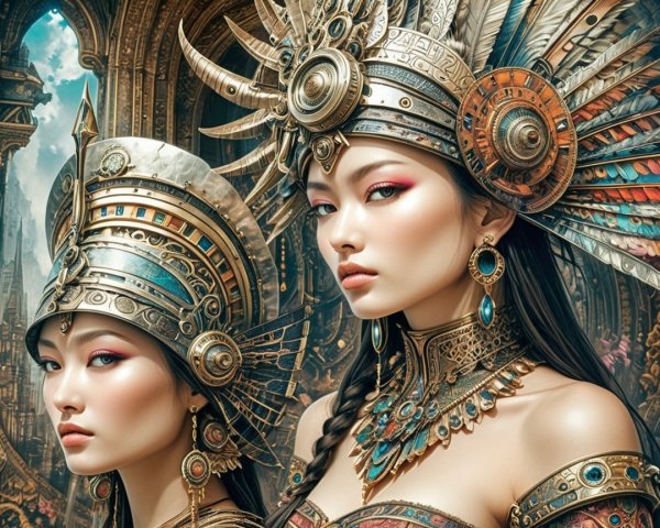 Elegantly Adorned Women in Ornate Ancient Costumes