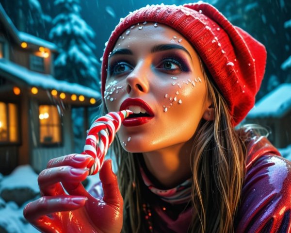 Pale-Skinned Woman in Red Jacket with Candy Cane