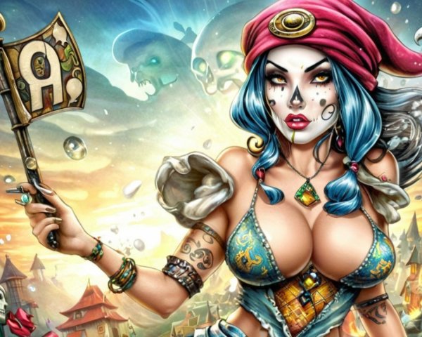 Illustration of a female character with blue hair and flag