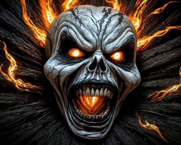 Glowing Skull with Fiery Eyes and Dark Flames