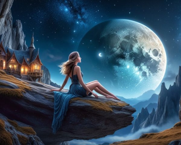 Woman in blue gown gazes at luminous moon and stars