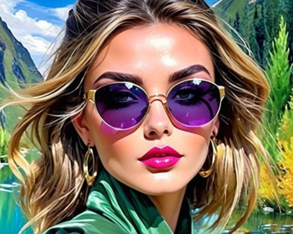 Stylish Woman in Green Outfit with Purple Sunglasses
