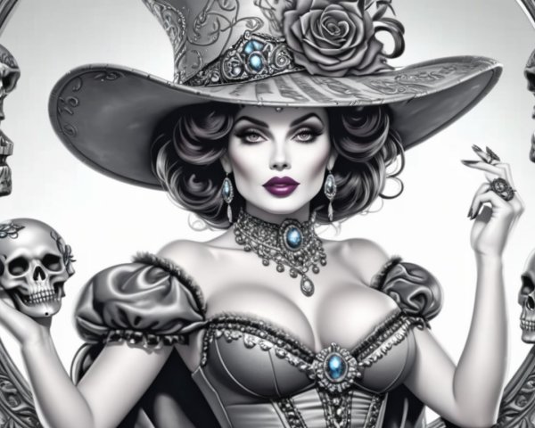 Striking Woman in Ornate Hat and Gothic Elements