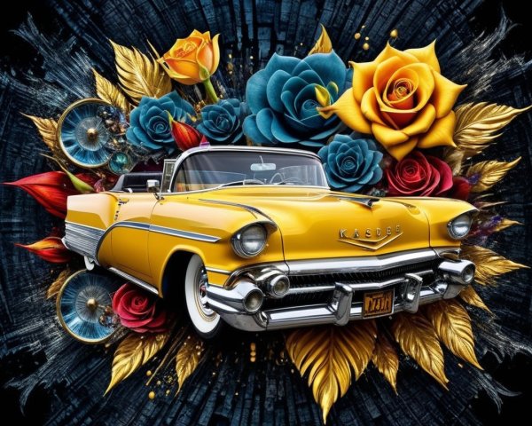 Vintage Yellow Convertible Surrounded by Colorful Roses