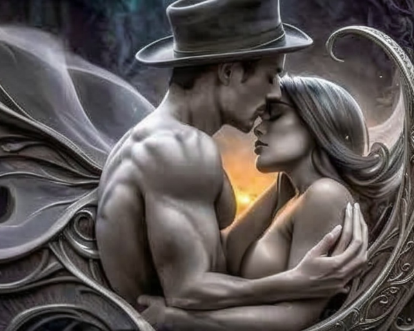 Mystical Embrace of Two Figures in Ethereal Setting