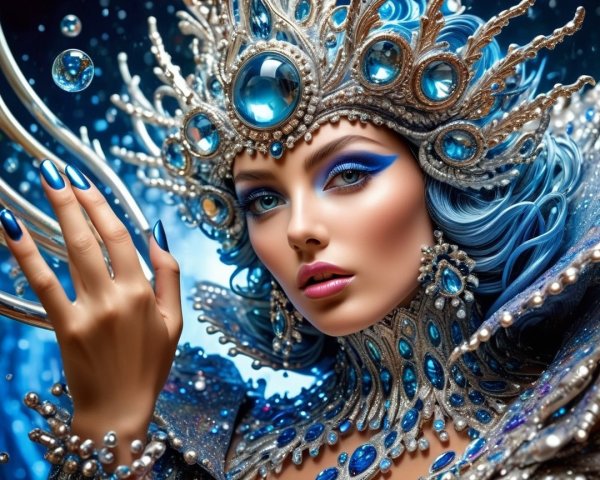 Portrait of a woman with jeweled crown and blue waves