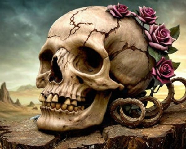 Realistic skull with pink roses on rugged surface