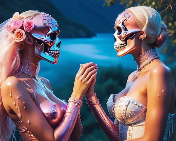 Figures in Ornate Masks by Serene Water Landscape