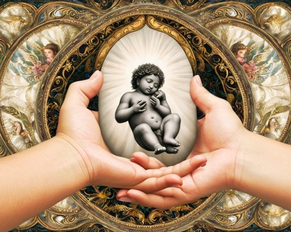 Cherubic Baby in Ornate Golden Frame with Patterns