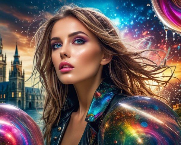 Elegant Woman in Cosmic Jacket Against Twilight Sky