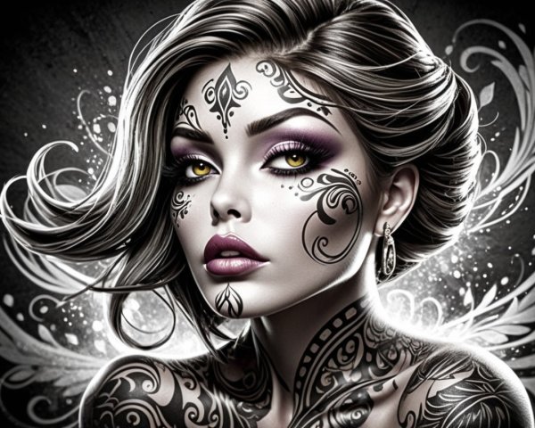Portrait of a woman with tattoos and bold makeup