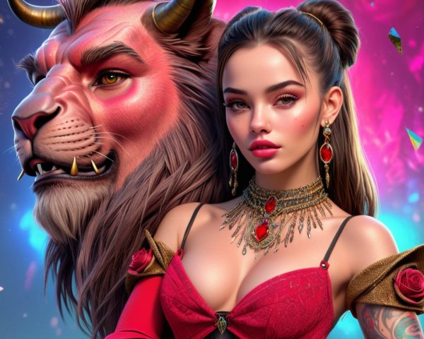 Fantasy Portrait of Woman in Red Dress with Lion