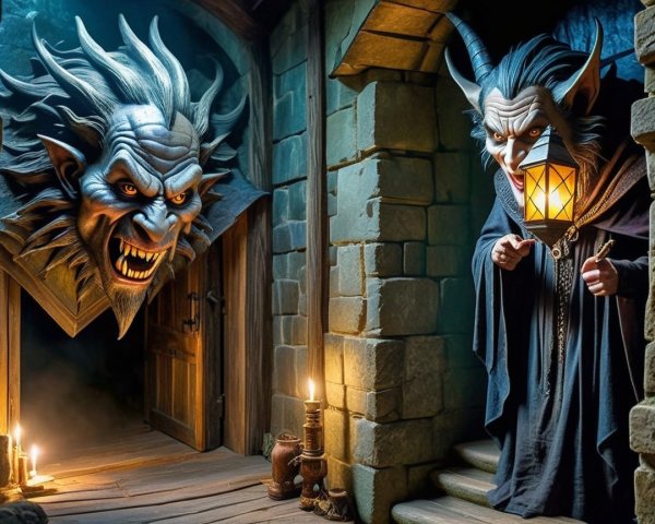 Menacing figure in a dimly lit stone corridor