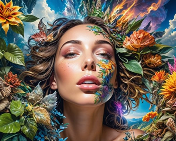 Portrait of a woman amidst vibrant flowers and foliage