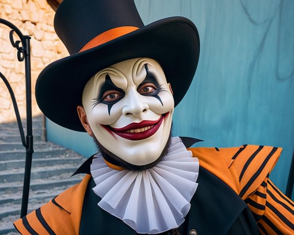 Whimsical character in striking outfit and dramatic makeup