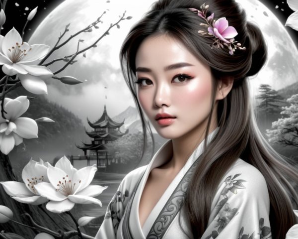 Ethereal Woman in Traditional Garment by Full Moon